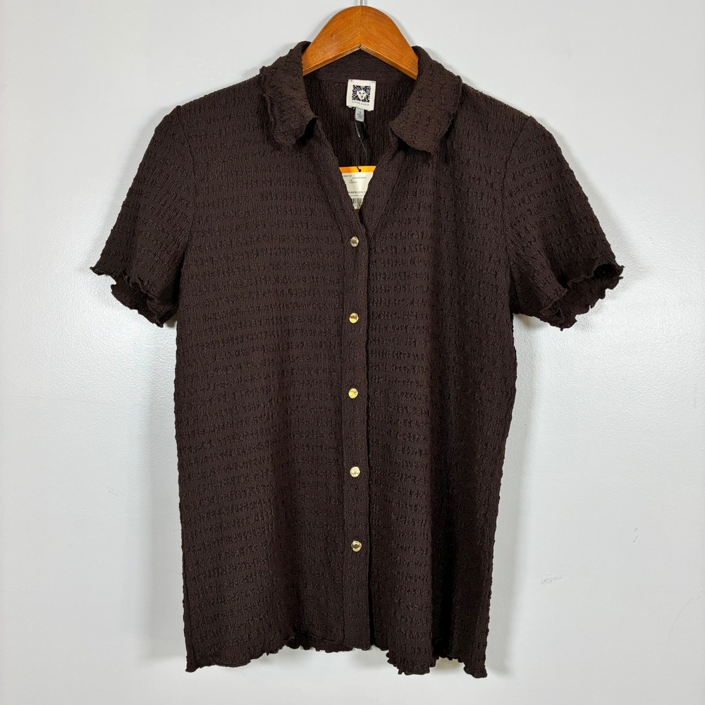 Anne Klein Top S ChocolateBrown Popcorn Texture Academia Office Y2K Lettuce Edge